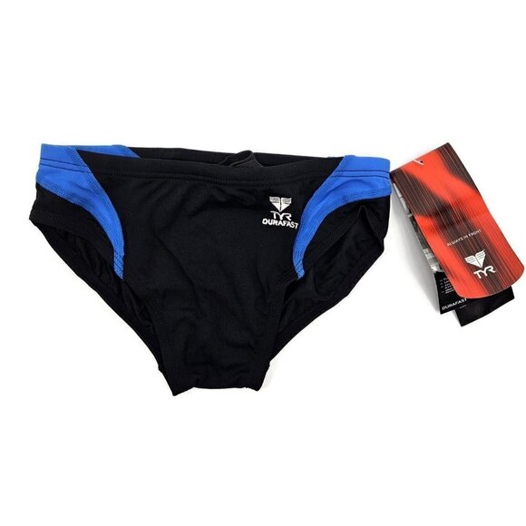 New Tyr Solid Splice Racer Swimsuit Youth Boys 10/12 Black Blue Durafast - Picture 1 of 6
